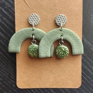 Green and Silver Clay Post Dangle Earrings